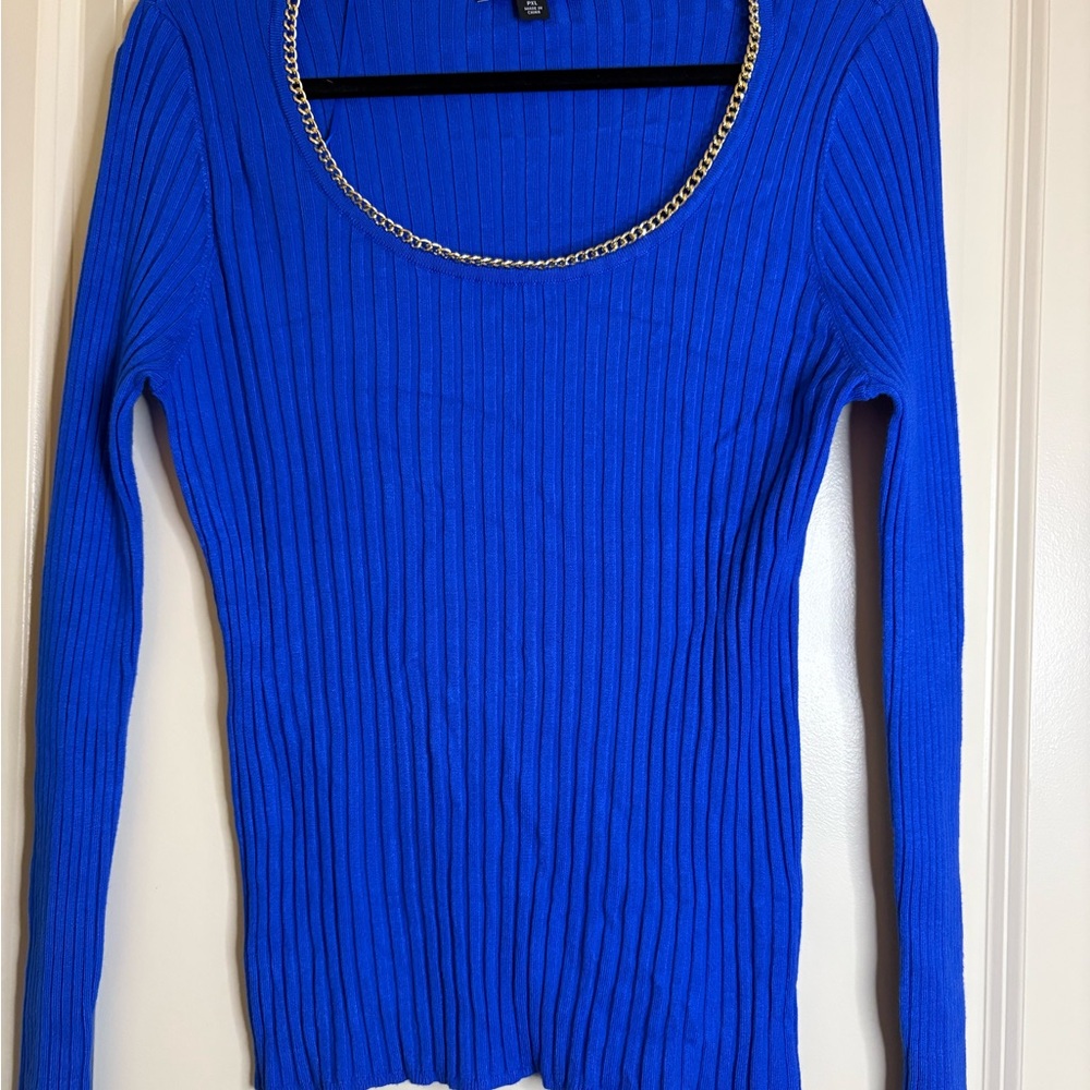 INC International Concepts Vibrant Blue Ribbed Sweater with Chain Detail